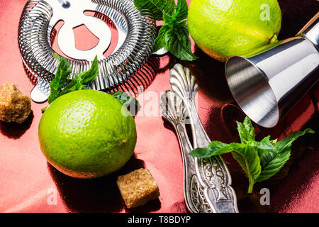 Zutaten für die Herstellung von alkoholischen Sommer Cocktail und bar Tools. Mojito cocktail machen Stockfoto