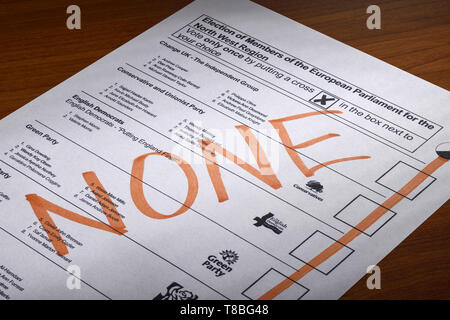 Einen ungültigen Stimmzettel für den Mai 2019 Europaabgeordnete Wahlen zum Europäischen Parlament Stockfoto