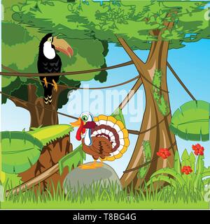Tropische grün Holz mit exotischen Vogel. Vector Illustration Stock Vektor