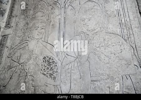 Frankreich, Seine Maritime, Rouen, Kirche von Saint Ouen (12. &#x2013; 15. Jahrhundert), 14. Jahrhundert tumultuous Stein einer der Architekten der Abtei, funerary Platte, unter denen seine Asche einmal ausgeruht Stockfoto