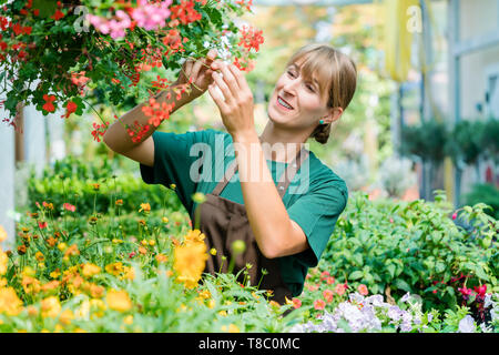 Gärtner Frau in Ihrem Shop kümmert sich um einige Blumen Stockfoto