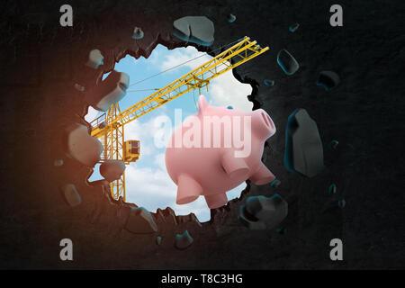 3D-Rendering von Hebekran mit rosa Sparschwein und brachen das Schwarze Loch in die Wand, dass sie es mit blauem Himmel durch das Loch gesehen. Stockfoto