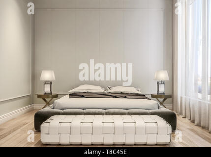 Moderne Innenausstattung von Master Schlafzimmer, Doppelbett mit Bettwäsche, Holzfußboden und klassischen Stil graue Wände, die mit dekorativen Verzierungen, 3d-ren Stockfoto
