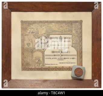 Eine Bronzemedaille German Hydrographic office und Zertifikat für Kapitän Dietrich H. Brummer. Am 1. Dezember 1909 ausgezeichnet. Bronze, Durchmesser 5,7 cm mit einer Darstellung des Amtes und die umliegenden Inschrift (tr)' von der German Hydrographic office ihr Personal auf See. Am Tag seiner Eröffnung im September 1881', die Unterschrift des Künstlers "J. gespendet Lorenz, F. Hamburg". Zurück mit einem Bild der (tr) "Auf See". Im entsprechenden Fall. Einschließlich Zertifikat, gerahmten Ca. 55 x 48 cm. Das Zertifikat "Kaiserliche Marine - German Hydrographic office" mit der Regisseurin, Additional-Rights - Clearance-Info - Not-Available Stockfoto