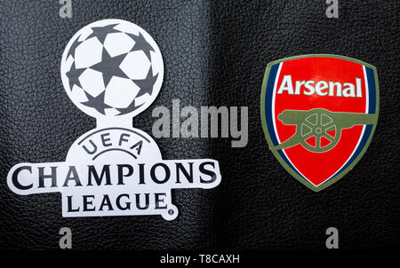 Mai 11, 2019 Baku, Aserbaidschan. Emblem der Finalisten der UEFA Europa League Saison 2018/2019 des FC Arsenal (London) auf einem schwarzen koan Hintergrund. Stockfoto