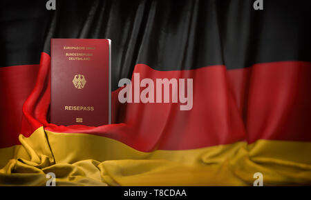 Deutscher Pass auf die Flagge der Bundesrepublik Deutschland. Einen deutschen Pass, Einbürgerung und Einwanderung Konzept. 3D-Darstellung Stockfoto