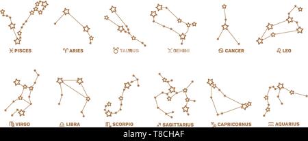 Vektor einrichten von Sternzeichen, Sterne, Sternbilder goldene Farbe auf weißem Hintergrund. Logo, Tattoo oder Illustration. Astrologische Prognose, Horoskop Stock Vektor