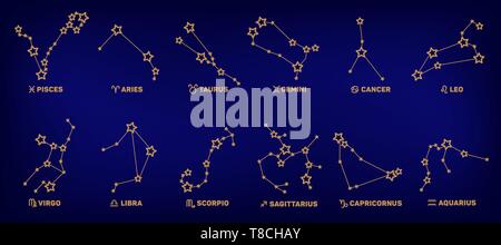 Vektor einrichten von Sternzeichen, Sterne, Sternbilder goldene Farbe in einem dunkelblauen Hintergrund. Logo, Tattoo oder Illustration. Astrologische Prognose Stock Vektor