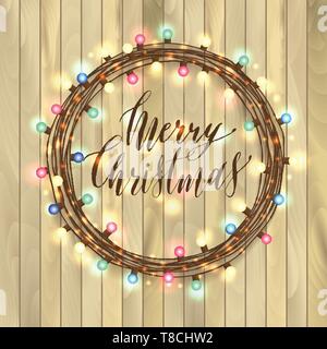 Leuchtende weiße Weihnachten Lichter Kranz für Weihnachten Weihnachtskarten Design. Holz- Hintergrund. Stock Vektor