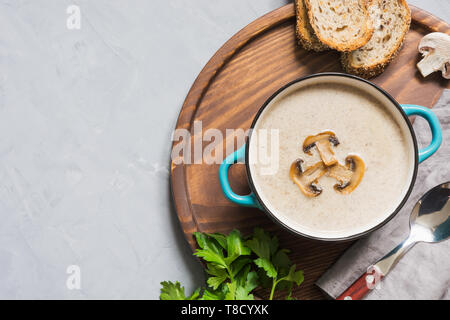 Köstliche Pilz champignon Suppe auf grauem Beton Tabelle. Blick von oben. Platz für Text. Stockfoto