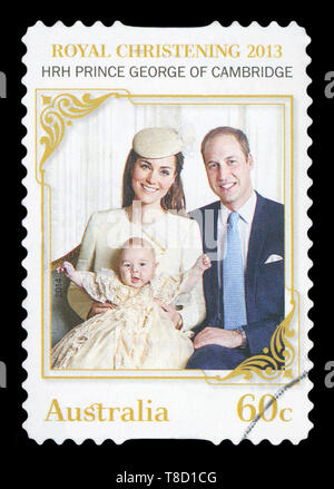 Australien - ca. 2013: Eine gebrauchte Briefmarke aus Australien, feiern die Taufe von HRH Prince George von Cambridge, Pictred mit seinen Eltern W Stockfoto