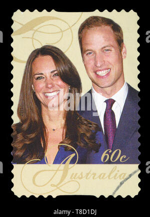 Australien - ca. 2011: Eine gebrauchte Briefmarke aus Australien, ein Bild der Royals Prinz William und Prinzessin Kate ca. 2011. Stockfoto