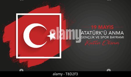 19 Mayis Atatürk'u Anma Genclik ve Spor Bayrami, 19. Mai Gedenken an Atatürk, Jugend und Sport Tag, Grafik Banner Design der türkischen Urlaub, Stock Vektor