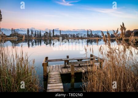 Frankreich, Savoyen, Les Marches, See Saint AndrÚ im Herzen der Combe de Savoie Weinberge, Belledonne mit Schnee im Hintergrund Stockfoto