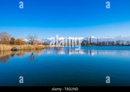 Frankreich, Savoyen, Les Marches, See Saint AndrÚ im Herzen der Combe de Savoie Weinberge, Belledonne mit Schnee im Hintergrund Stockfoto