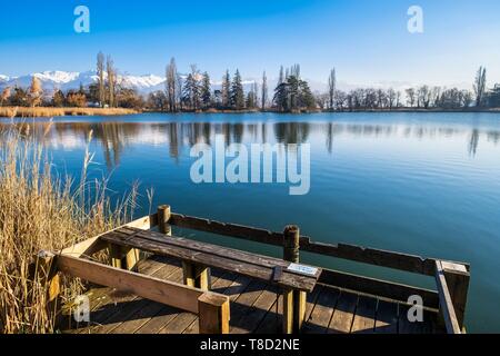 Frankreich, Savoyen, Les Marches, See Saint AndrÚ im Herzen der Combe de Savoie Weinberge, Belledonne mit Schnee im Hintergrund Stockfoto