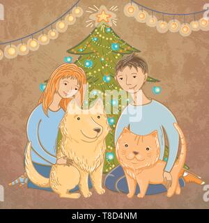 Vector Illustration einer Familie in der Nähe von Den Weihnachtsbaum. Weihnachtliche Stimmung. Eine glückliche Familie. Dezember. Helfen heimatlose Tiere. Stock Vektor