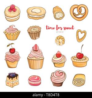 Eingestellt von Berry, Schokolade Kuchen mit Sahne. Helle Vector Illustration von Gebäck und Süßigkeiten. Isolierte Objekte. Stock Vektor