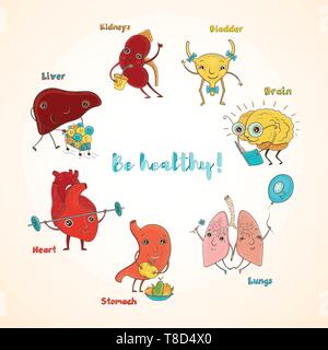 Cartoon Vector Illustration des gesunden menschlichen Organen. Lustige pädagogischen Illustration für Kinder. Einzelne Buchstaben. Gesund sein! Stock Vektor