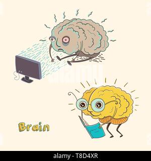 Cartoon Vector Illustration von gesunden und kranken menschlichen Gehirns. Lustige pädagogischen Illustration für Kinder. Einzelne Buchstaben. Stock Vektor
