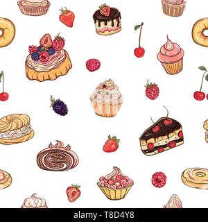 Nahtlose Muster "Süße". Vektor bunt, lecker Hintergrund mit Kuchen, Gebäck, Muffins und Donuts auf weißem Hintergrund. Stock Vektor