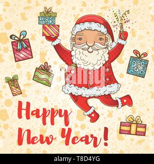Vektor niedliche Weihnachtskarte mit lustigen Santa Claus. Handgezeichneten Farbe hell Weihnachten Vorlage für Design. Von Hand gezeichnet nette Illustration mit Naht Stock Vektor