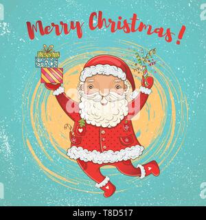 Vektor niedliche Weihnachtskarte mit lustigen Happy bouncing Santa Claus. Handgezeichneten Farbe hell Weihnachten Vorlage für Design. Frohe Weihnachten! Stock Vektor