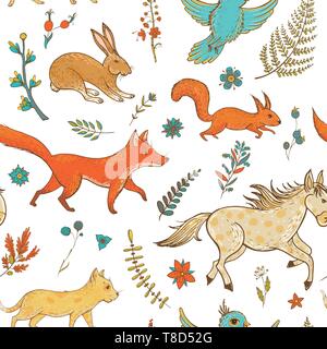 Vektor nahtlose Muster mit niedlichen Tiere: Fuchs, Hase, Pferd, Pony, Katzen, Eichhörnchen, Vögeln und Pflanzen. Natürliche vernal Kulisse. Vorlage für die Grafik des Stock Vektor