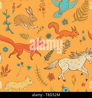 Vektor nahtlose Muster mit niedlichen Tiere: Fuchs, Hase, Pferd, Pony, Katzen, Eichhörnchen, Vögeln und Pflanzen. Natürliche vernal Kulisse. Vorlage für die Grafik des Stock Vektor