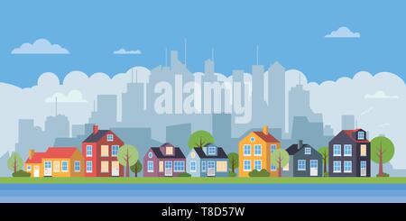 Suburbanen Landschaft. Dorf am Fluss, das Stadtbild im Hintergrund flache Design Vector Illustration Stock Vektor