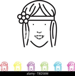 Hippie girl Symbol Leitung. 60er jahre lifestyle Symbol in Schwarz und sechs Farben. Stock Vektor
