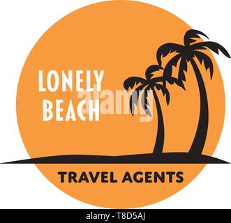 Einsamer Strand mit Palmen im Sonnenuntergang Vektor logo Vorlage Stock Vektor