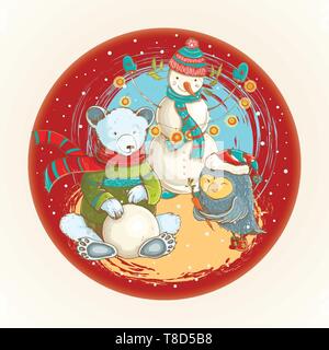 Cartoon Illustration von Formen der Schneemann im Winter mit lustigen Tieren. Vektor niedliche Weihnachtskarte mit lustigen Zeichen. Stock Vektor