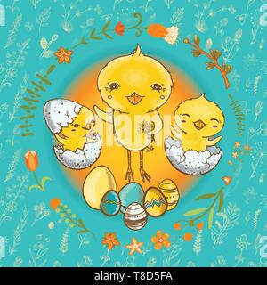 Ostern Postkarte mit niedlichen kleinen Hühner, Ostern bemalte Eier und floralen Kranz. Vector Illustration Stock Vektor