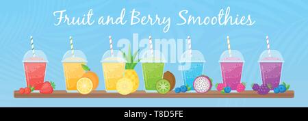 Vitamin Smoothie cocktail Sommer Vector Illustration. Frischer Saft erschüttert Energie Cocktail in Glas, Regenbogenfarben mit Obst Kollektion für Vitamin Getränk nehmen oder detox Diät design Promo Stock Vektor