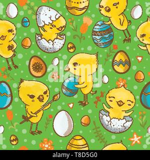 Vektor nahtlose Muster mit lustigen niedlichen Küken, Ostereier und Frühlingsblumen. Ostern feiern. Stock Vektor