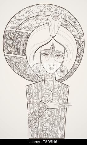 Vektor Kontur Abbildung von Mutter Natur mit Bäumen, Wolken und Wasser Wellen. Göttin des Lebens und des Todes. Schutz der Umwelt.eps 10. Stock Vektor