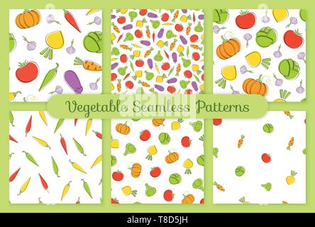 Umrisse nahtlose Gemüse Hintergrund Vektor flachbild Abbildung. Hintergrund Design mit Karotte, Kürbis, Tomaten und Kohl silhouette Gemüse nahtlose Textur in natürlichen Farben für Hintergrundbild Stock Vektor