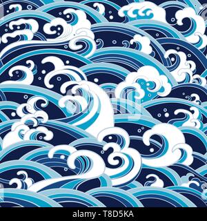 Traditionelle östliche nahtlose Muster mit Wellen von Wasser, Schaum, Spritzer. Vektor Meer Hintergrund Stock Vektor