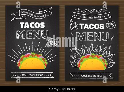 Mexikanische Küche fastfood Tacos Menü. Bunte Rindfleisch taco Grafik mit Chalk Stil Hand gezeichnet Dekoration auf Tafel mit Tacos Speisekarte essen banner Vorlage vector Illustration Stock Vektor