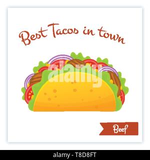 Mexikanische Küche Tacos essen Banner isoliert Vector Illustration. Würzig köstlichen Vektor Taco mit Rindfleisch, Zwiebeln, grüner Salat und rote Tomate mit großen Zeichen besten Tacos in der Stadt für Essen lkw-Logo Stock Vektor