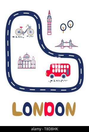 London Poster mit Text und Wahrzeichen Vector Illustration. Stock Vektor
