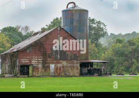 Verfallene Red Barn in einer grünen Weide neben einem alten rostigen Scheune Silo von einem bewaldeten Wald im Süden von Indiana Amerika Heartland umgeben. Stockfoto