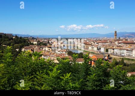 Italien, Toskana, Florenz, die historische Altstadt als Weltkulturerbe von der UNESCO, der Piazzale Michelangelo, allgemeine Ansicht von Florenz Stockfoto