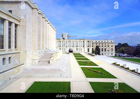 Genf, Schweiz - 5 May 2019 - Blick auf das Büro der Vereinten Nationen in Genf (UNOG) im Palais des Nations in Genf, Schweiz. Stockfoto