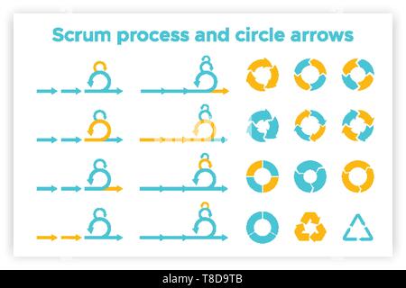 Scrum info Grafik Diagramm element Vektor Illustration. Agile Diagramm, Recycling Symbol und Kreis Diagrammelement Sammlung. Gruppe von blauen und orangefarbenen Symbole für Scrum Methodik info Grafik Stock Vektor