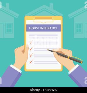 Haus Versicherung auf Zwischenablage mit Händen Vector Illustration. Hypothek Plan Konzept mit Haus Politik Umfrage zur Zwischenablage schützen, Flachbild Mann die Hände füllen Versicherung auf grünem Hintergrund Stock Vektor