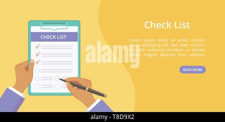 Hände mit Zwischenablage überprüfen Liste Webseite Vorlage. Vektor Landung Konzept flachbild Mann hand Checkliste an Bord mit der Büroklammer. Gelbe web Abbildung Schablone mit Hand, Zwischenablage und Checkliste Stock Vektor