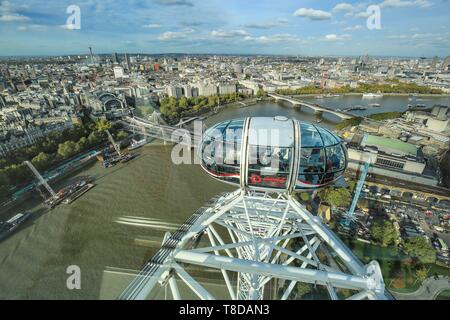 Vereinigtes Königreich, London, London Big Eye, erbaut im Jahr 2000, Kabinen, Reichweite 135 m mit Blick auf die Themse und die Westminster Stockfoto