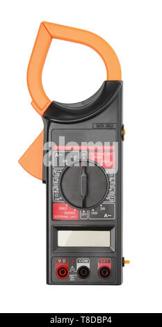 Digitale Stromzange Multimeter auf weißem Hintergrund Stockfoto